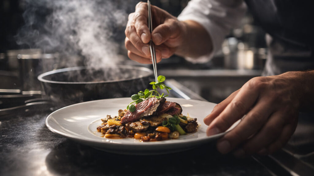 Chef preparing a dish à la minute in a professional kitchen.