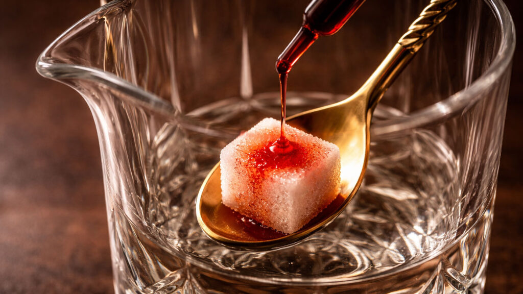 Sugar cube soaked with Peychaud's bitters in a mixing glass.