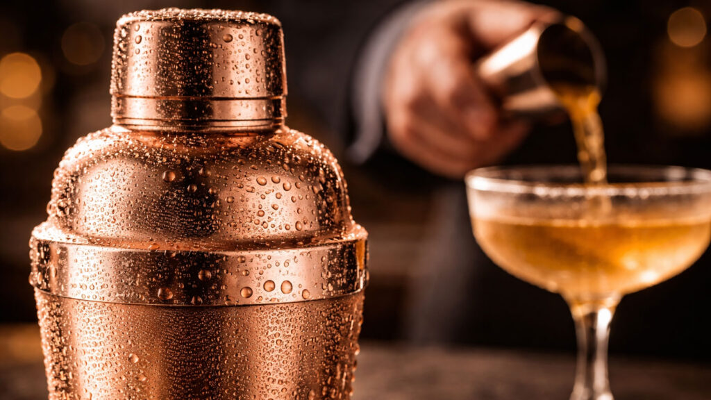 Gold shaker covered with condensation droplets representing the precision of Sidecar cocktail preparation.