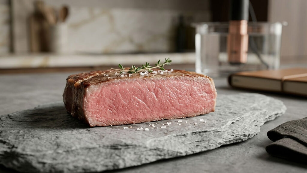 Modern bir mutfakta taş zemin üzerinde servis edilen, sous vide tekniğiyle pişirilmiş, dışı mühürlenmiş ve içi uçtan uca kusursuz pembe dokuda olan bir steak kesiti; arka planda bulanık sous vide cihazı detayı.