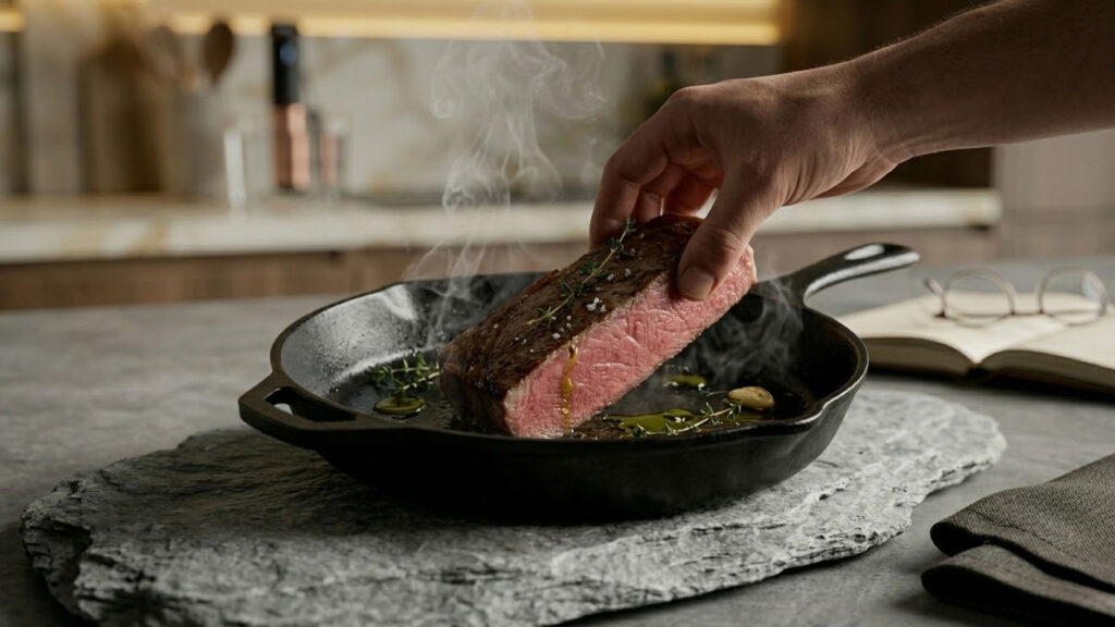 Minimalist mutfak tezgahı üzerindeki sıcak döküm tavada (cast iron) mühürlenirken taze kekik ve zeytinyağı ile buluşan, iç dokusu uçtan uca pembe sous vide steak karesi; tavadan yükselen hafif dumanlar ve Maillard reaksiyonu detayı.