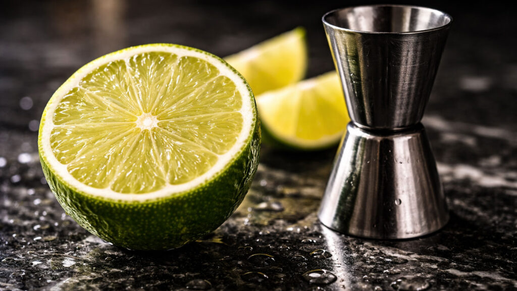 Fresh lime slices and a silver cocktail jigger on a bar counter.