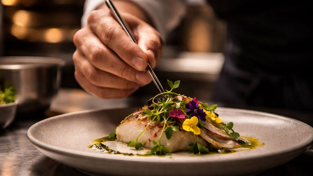A meticulously prepared course plate during a tasting menu service.
