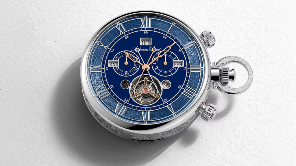 Audemars Piguet 150 Heritage Universal Calendar pocket watch blue grand feu enamel dial tourbillon