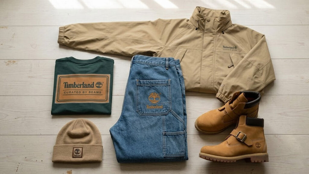 Timberland x BEAMS kapsül koleksiyon giyim ve ayakkabı parçaları.