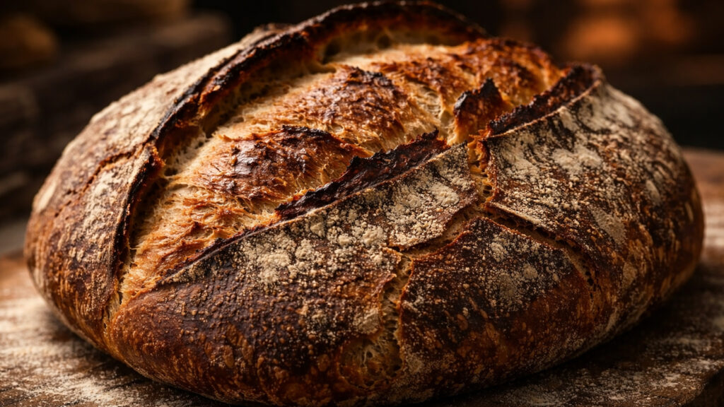 Rustic artisan bread loaf with deeply developed crust.