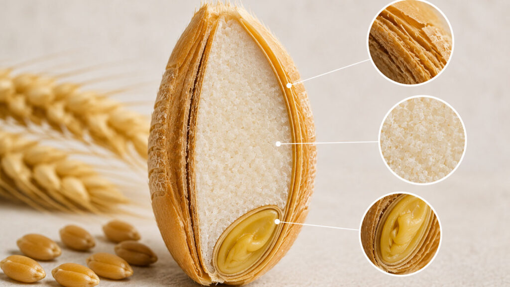 Buğday tanesinin kepek, endosperm ve ruşeym katmanlarını gösteren detaylı görsel.