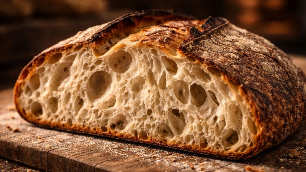 Open crumb structure of naturally fermented artisan bread.
