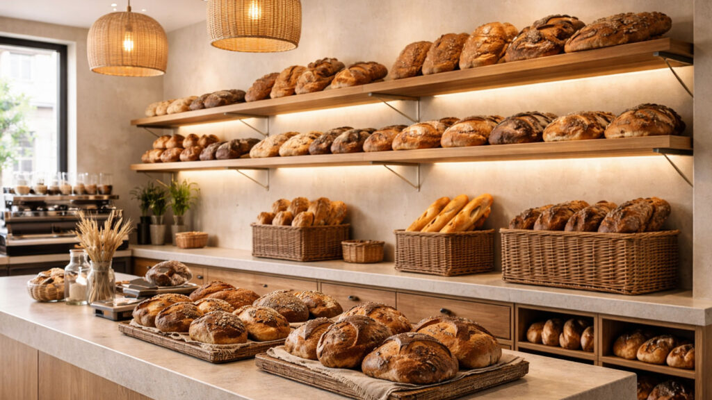 Modern artisan bakery displaying handcrafted loaves.