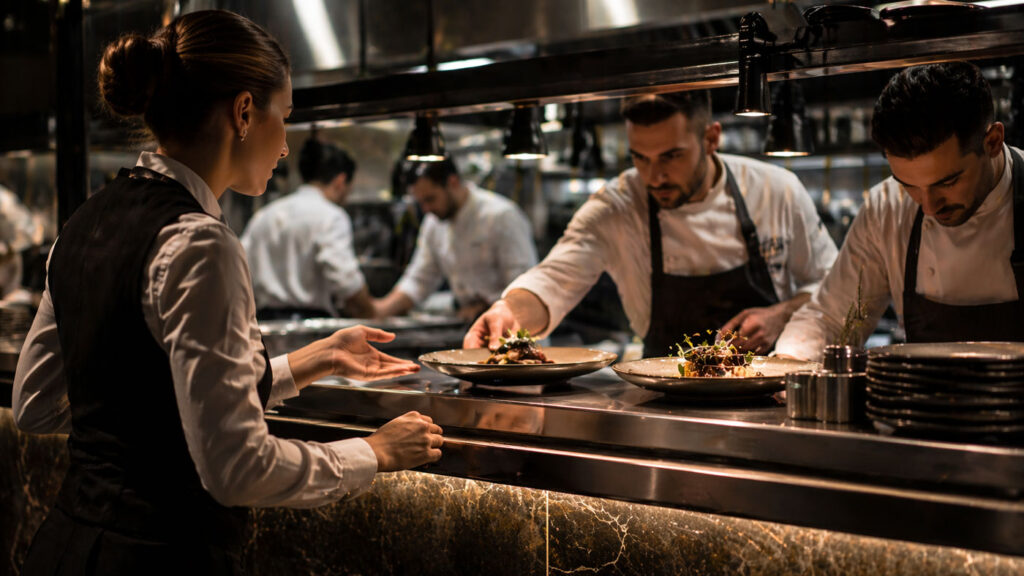 Mutfak ile servis ekibi arasında koordinasyon anı.
