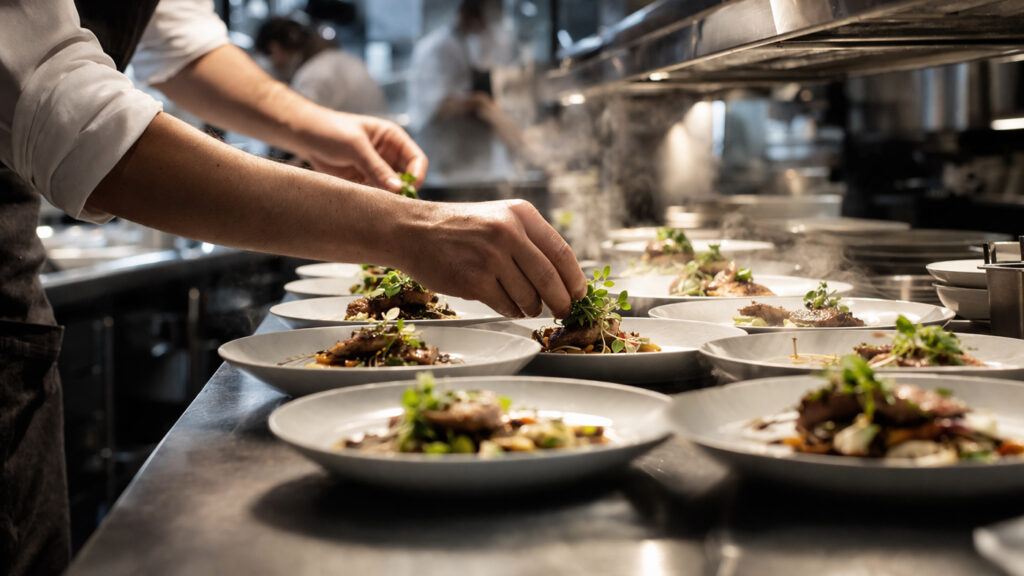 Restoran mutfağında set menü hazırlığı ve servis temposu yönetimi.