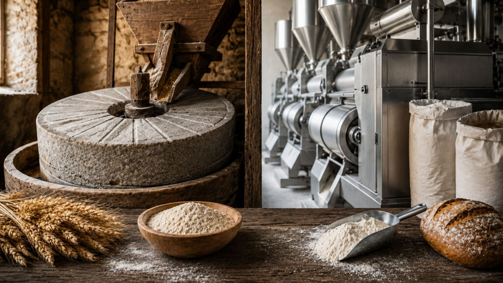 Taş değirmen ve modern un öğütme sistemlerinin karşılaştırıldığı artisan fırın sahnesi.