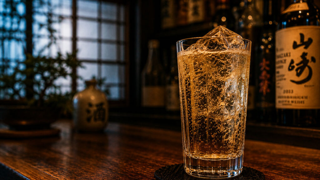 Amber ışıklı Japon barda servis edilen Highball kokteyli.