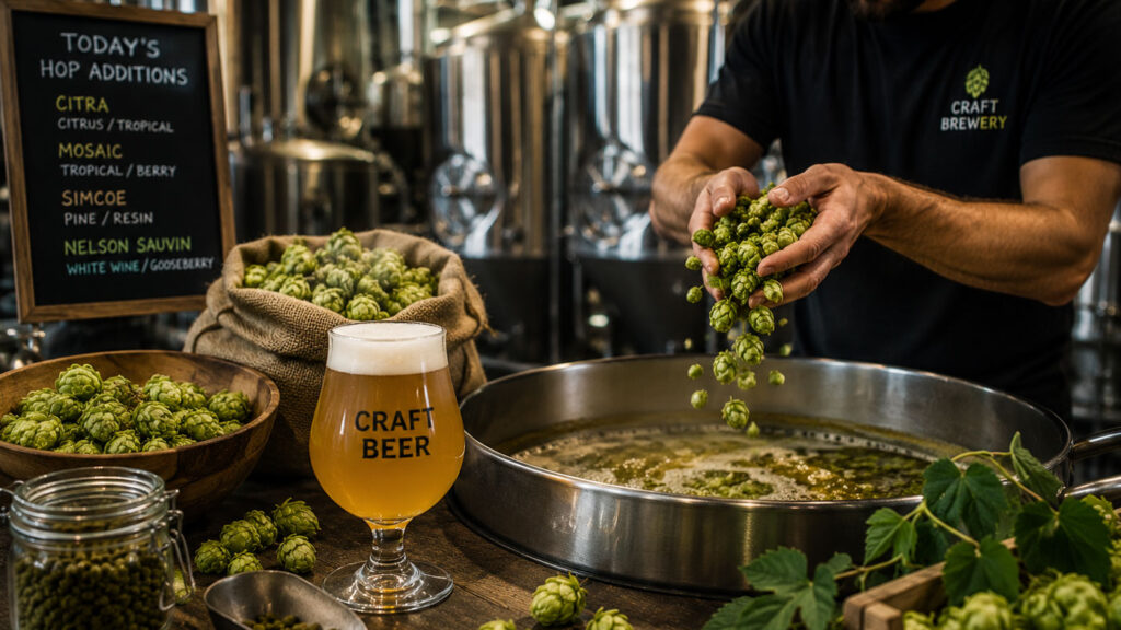 Aromatik şerbetçi otu kullanılan craft bira üretim sahnesi.