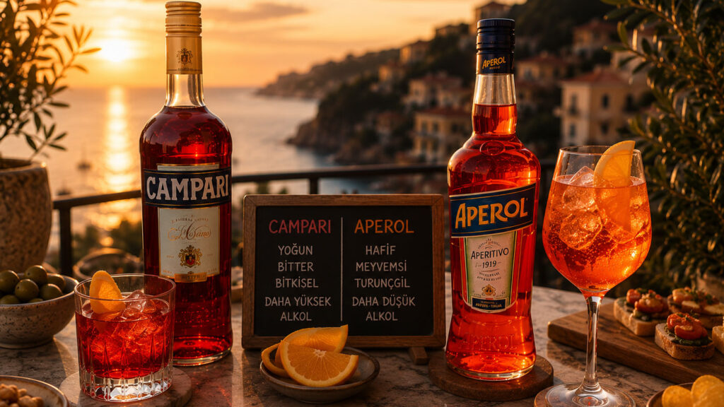 Campari ve Aperol spiritlerinin karşılaştırıldığı aperitif sahnesi