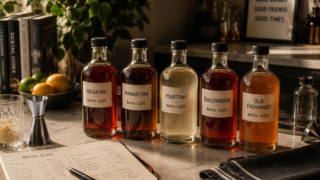 Evde batching sistemiyle hazırlanan bottled cocktail sahnesi.