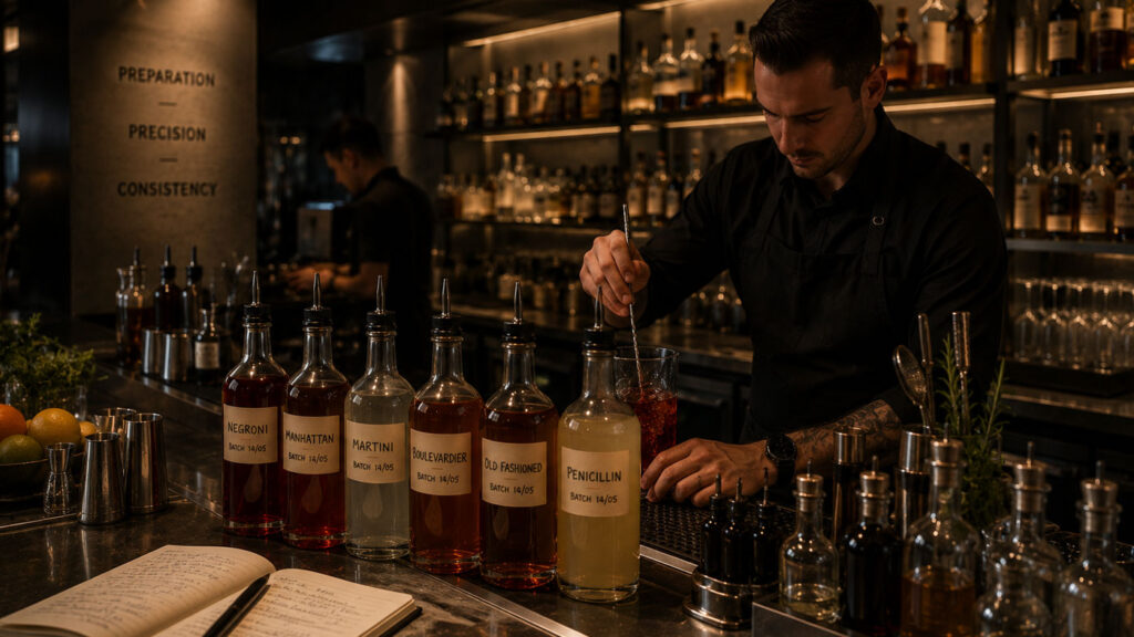 Fine dining cocktail barında batching sistemiyle çalışan profesyonel bar sahnesi