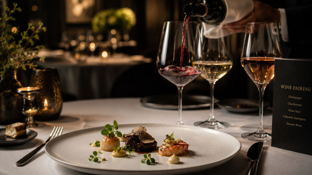 Fine dining tasting menu served with wine pairing.