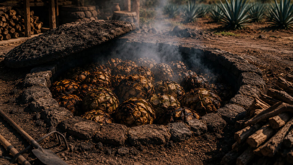 Geleneksel yer altı taş fırınlarında hazırlanan mezcal agaveleri.