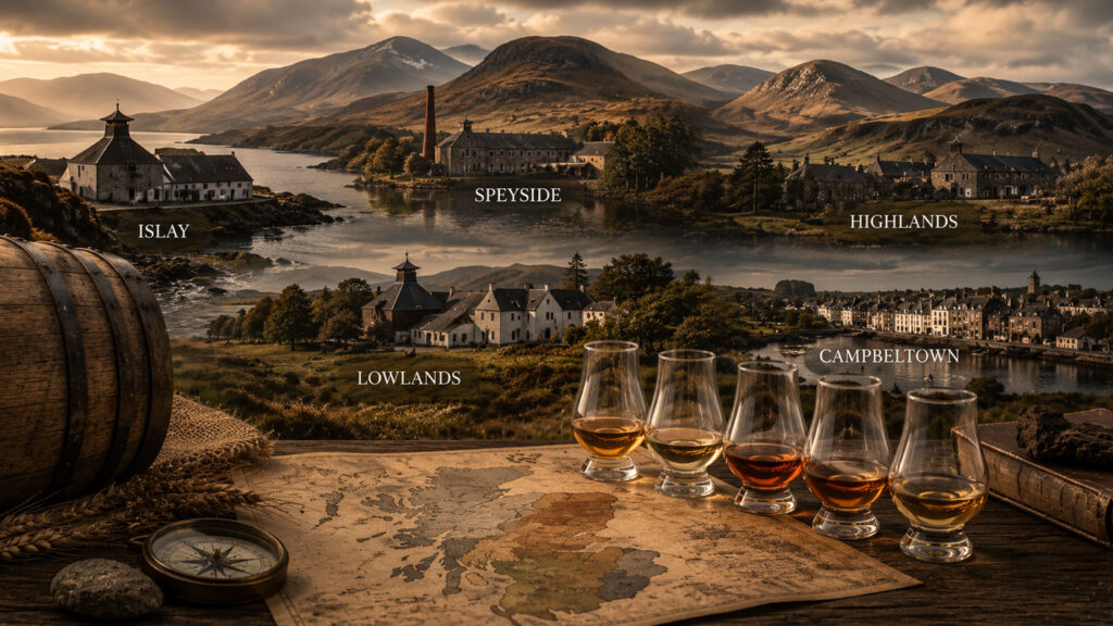 Atmospheric scene representing the different Scotch whisky regions of Scotland.