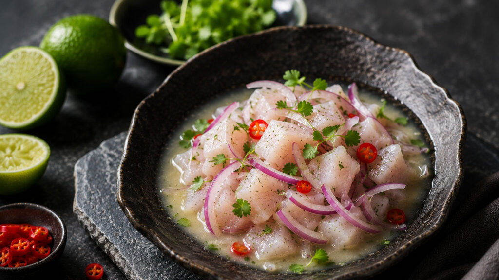 Lime suyu ile marine edilerek dönüşen ceviche balığı.