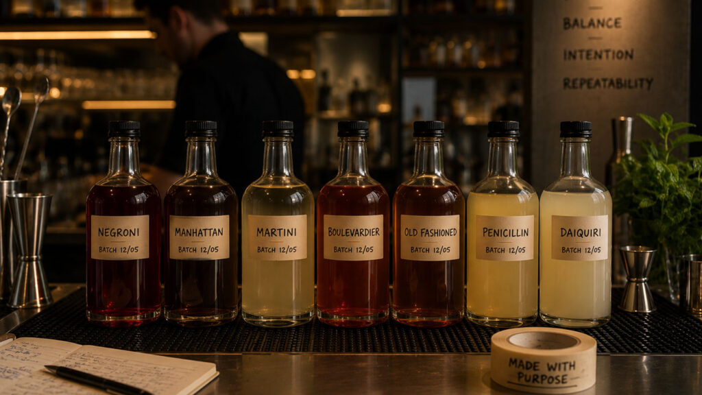 Modern bar ortamında batching için hazırlanan kokteyl şişeleri.