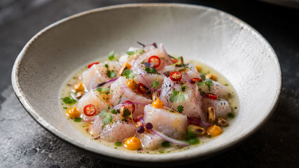 Modern fine dining sunumuyla hazırlanan çağdaş ceviche tabağı.