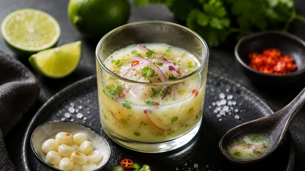 Modern sunumla hazırlanan leche de tigre ceviche sosu.