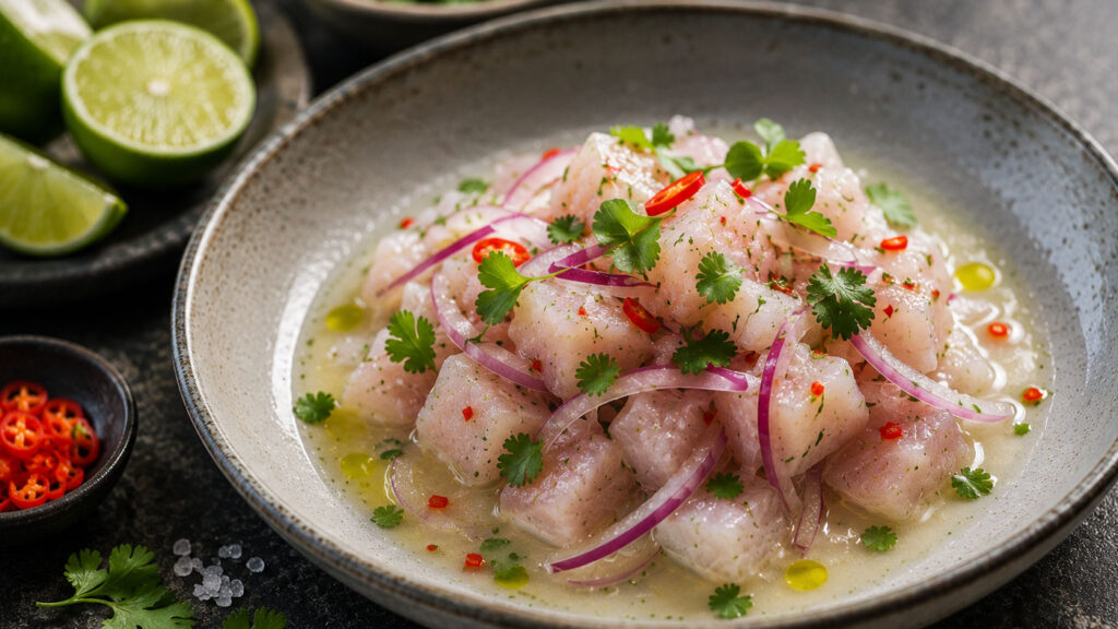 Narenciye ile olgunlaştırılmış modern ceviche tabağı