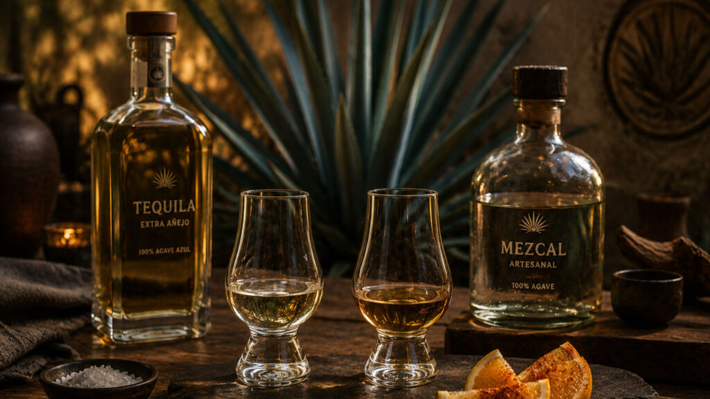 Premium mezcal ve tekila servis sahnesi.