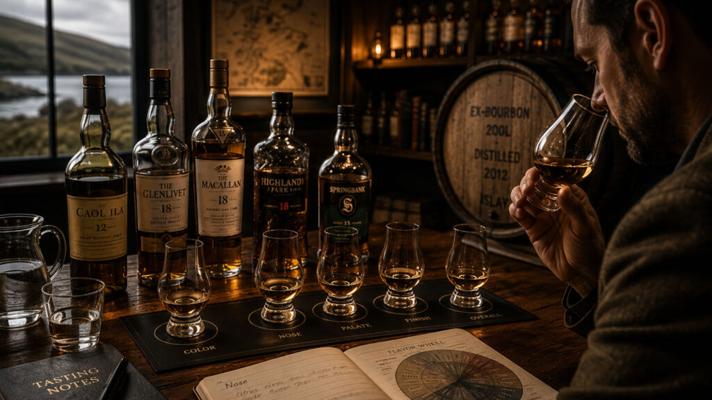 Professional Scotch whisky tasting scene.