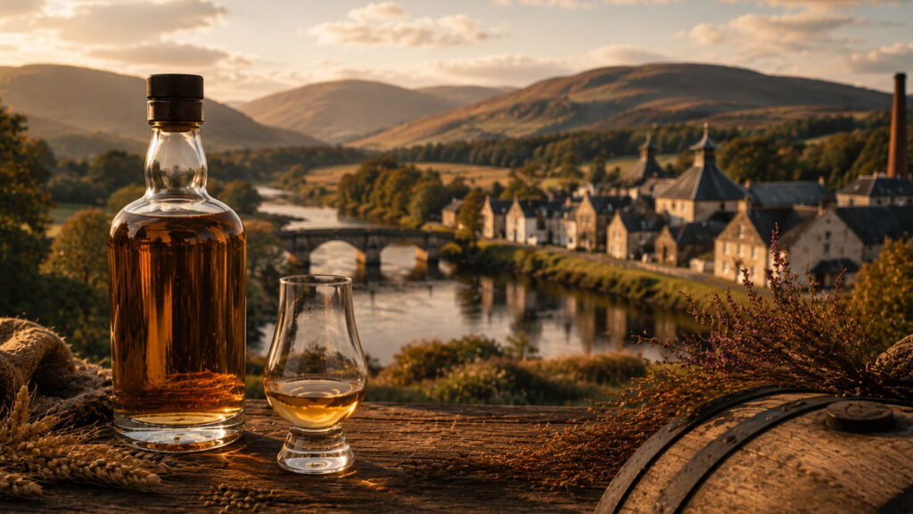 Elegant single malt whisky scene inspired by the Speyside region.