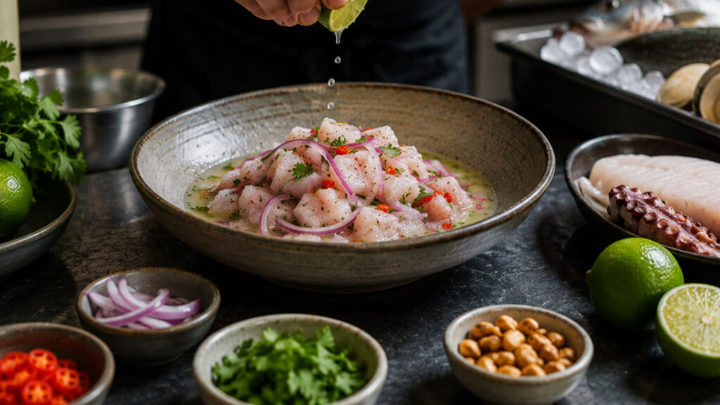 Taze deniz ürünleriyle hazırlanan profesyonel ceviche hazırlık sahnesi