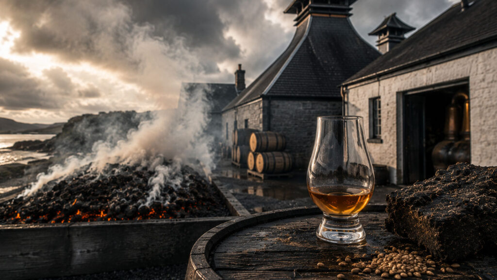 Scotch whisky production scene using peat smoke.