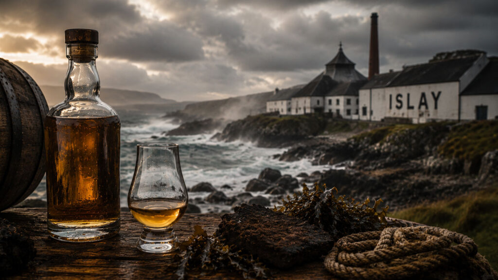 Islay Scotch whisky scene shaped by peat smoke and maritime influence.