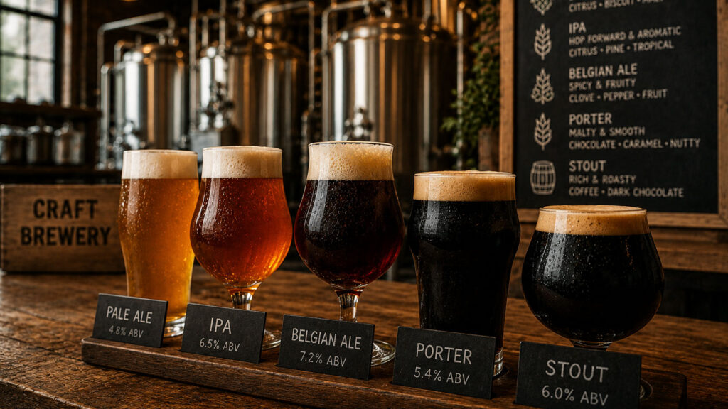 Modern craft brewery ortamında servis edilen farklı ale bira stilleri.