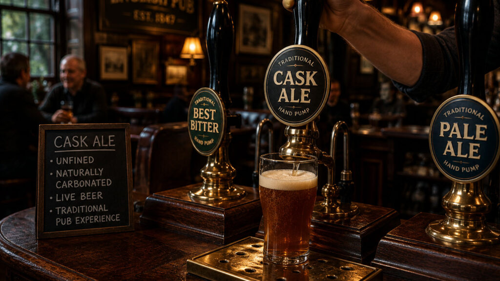 Geleneksel İngiliz pub ortamında hand pump ile servis edilen cask ale bira.