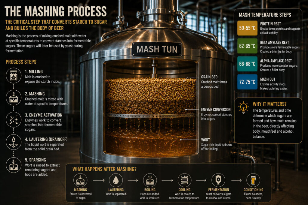 The mashing process used in beer brewing.