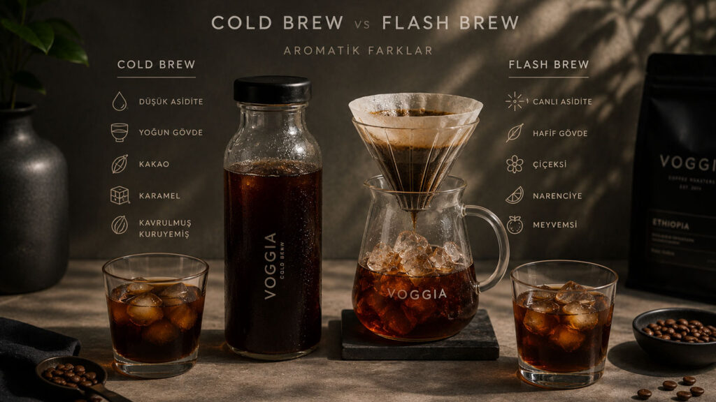 Cold brew ve flash brew yöntemlerinin aromatik farklarını gösteren specialty kahve sahnesi.