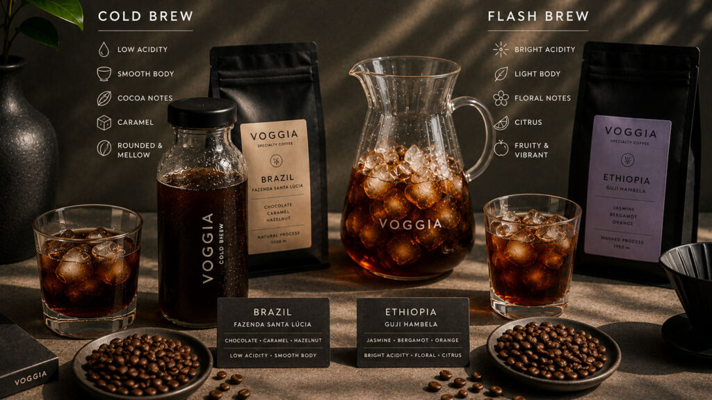 Different specialty coffee beans used for cold brew and flash brew methods.