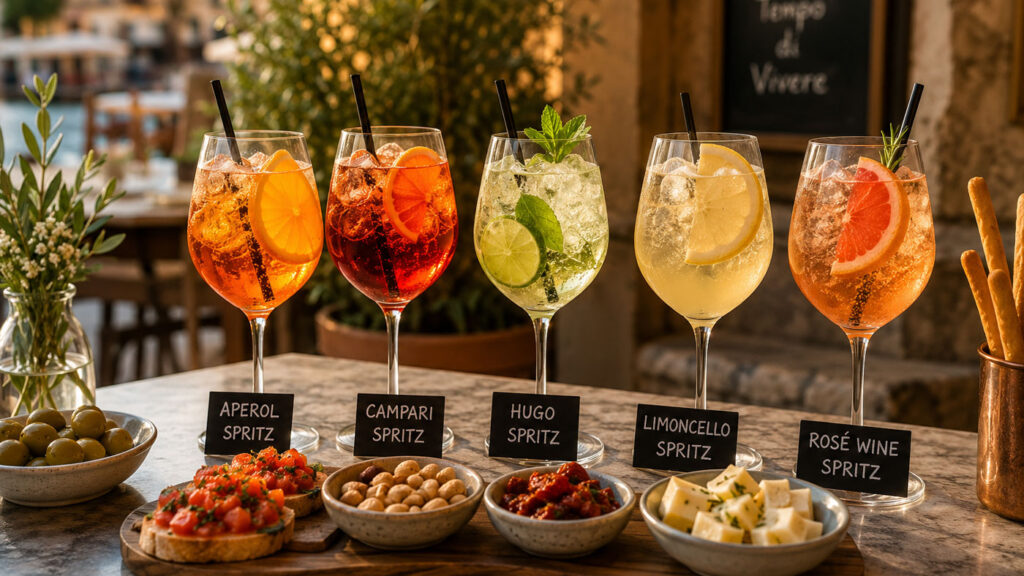 Selection of different Spritz cocktails served in an aperitivo setting.