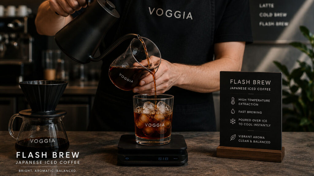 Flash brew coffee being prepared inside a modern specialty coffee bar