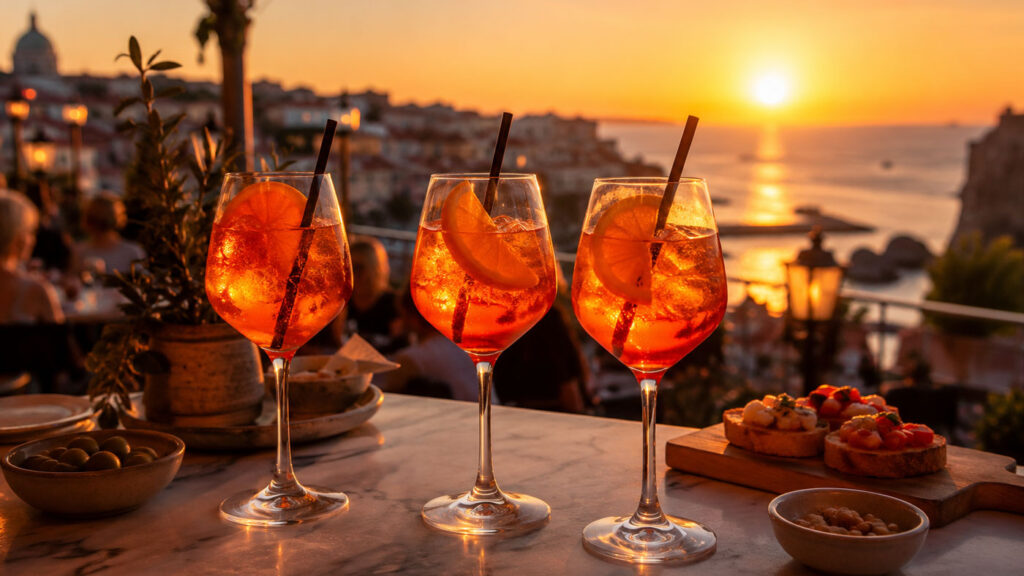 Aperol Spritz cocktails served on a terrace during sunset.