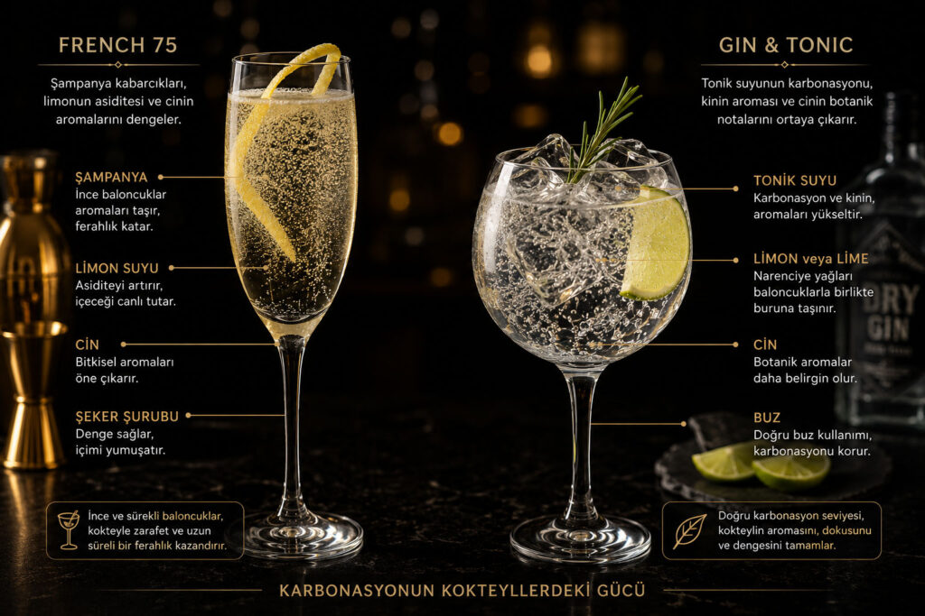 Karbonasyonun kokteyllerdeki rolünü gösteren French 75 ve Gin Tonic benzeri köpüklü kokteyller
