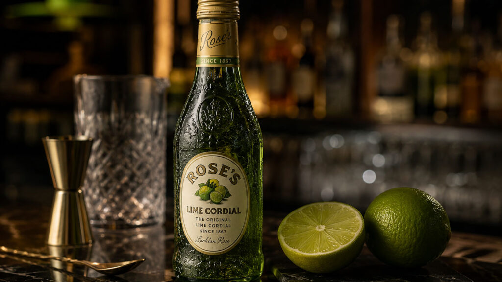 Bottle of lime cordial associated with classic Gimlet culture.