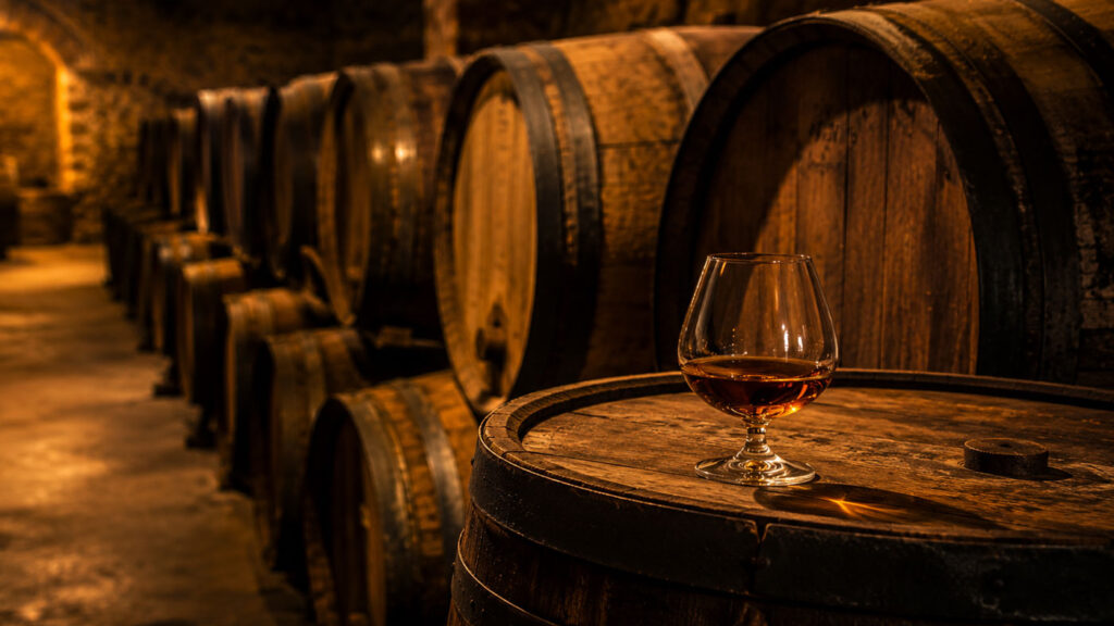 Aged Armagnac in oak barrels.