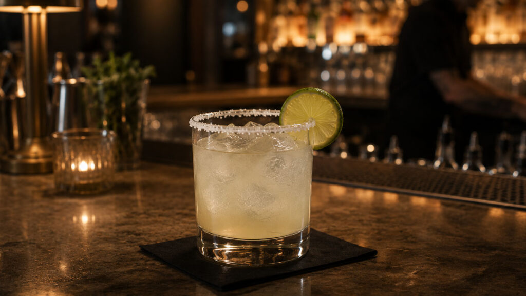 Modern craft cocktail bar ortamında servis edilen Tommy’s Margarita