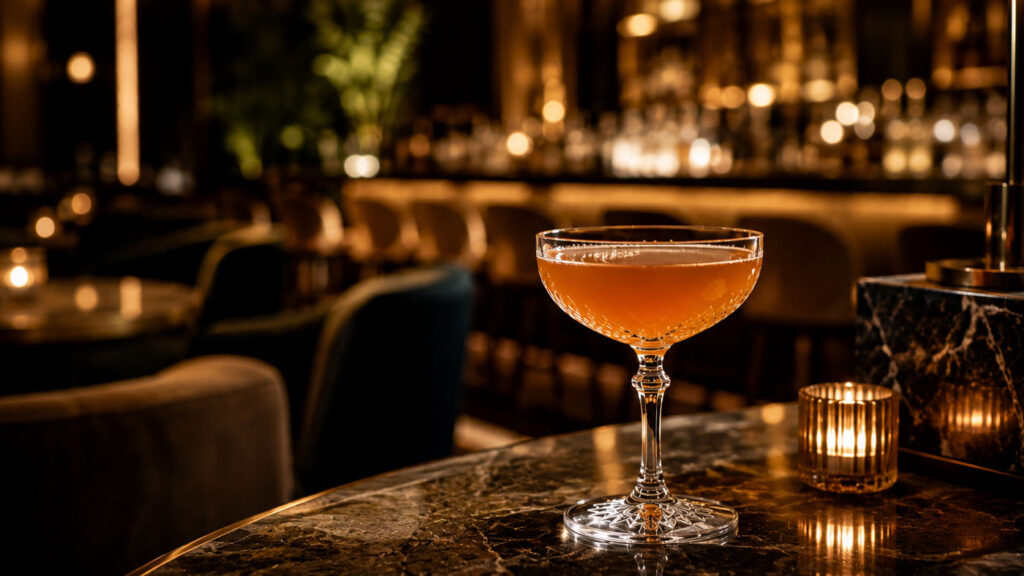 Paper Plane served in an upscale contemporary cocktail bar.