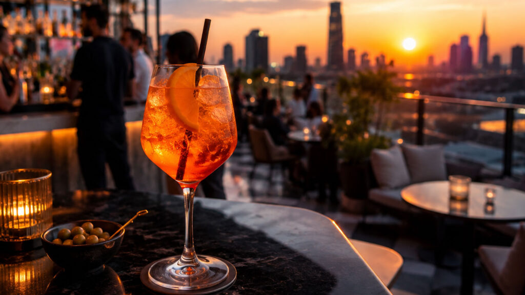 Aperol Spritz cocktail served at a rooftop bar.