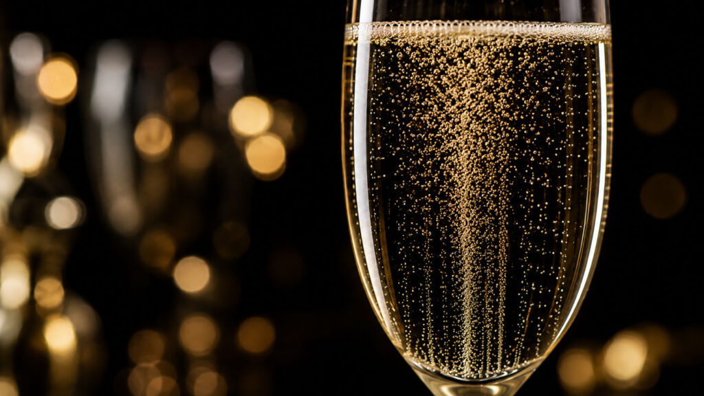Fine carbonation bubbles rising through a Champagne flute